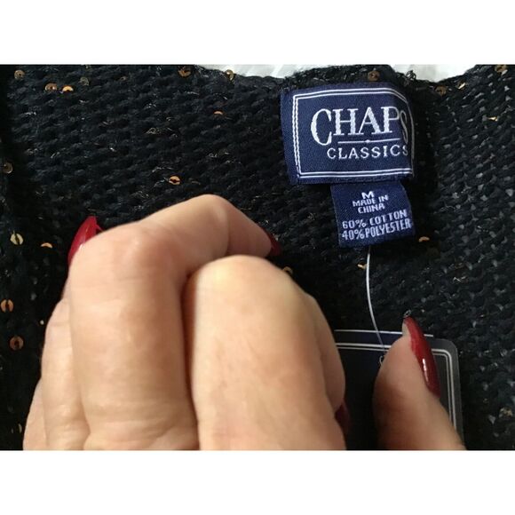 Chaps V Neck Sweater Size M Black 3/4 Sleeve Copper Sequins Cotton Blend NWT - Picture 5 of 7